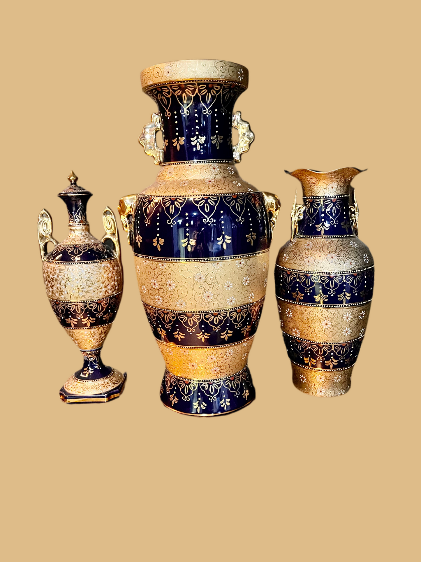 Vintage Cobalt Blue Porcelain Vase SET 3
