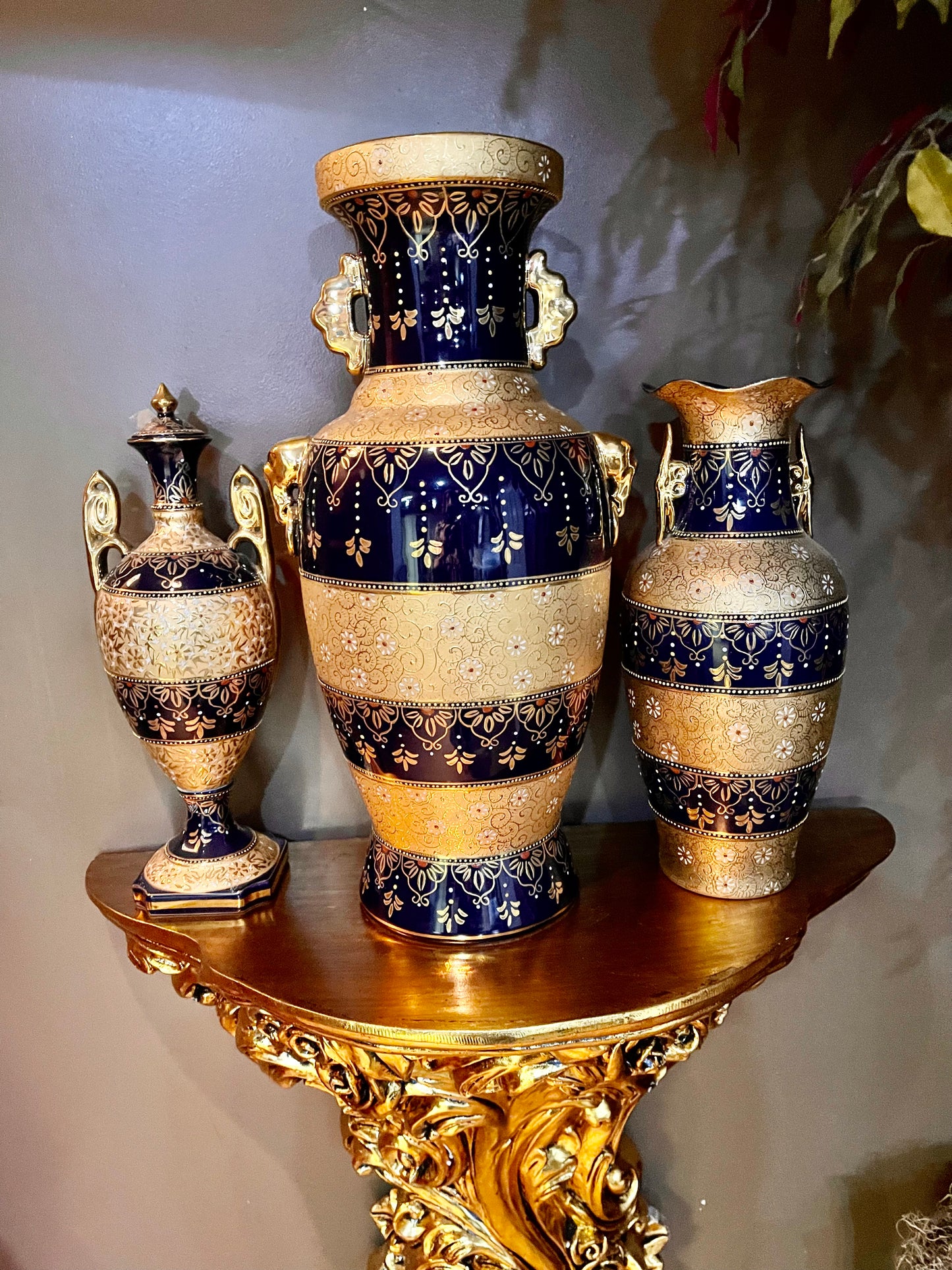 Vintage Cobalt Blue Porcelain Vase SET 3