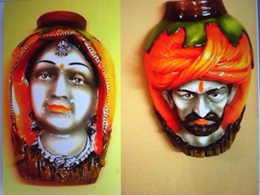 HINDU MAN & WOMAN WALL SCULPTURE-FLOWER POT PAIR