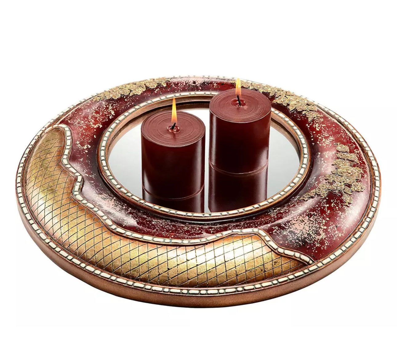 BURGUNDY and Gold decorative plate with candleholders with crystals